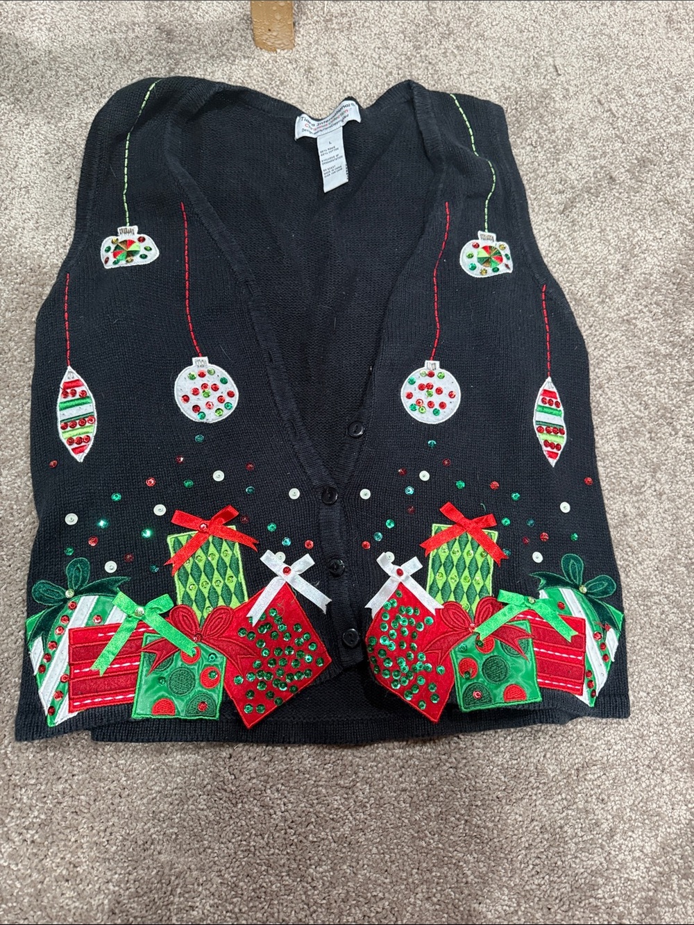 Black Holiday Embellished Sweater Vest with Gift Motif